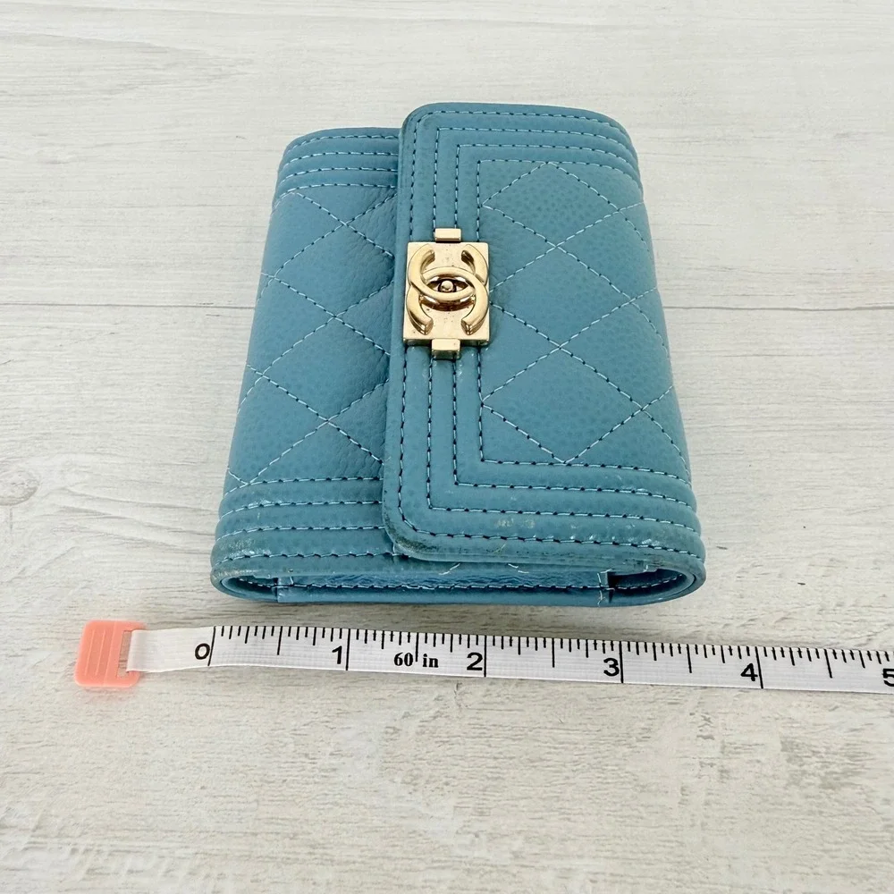 Chanel Boy Flap Wallet Light Blue Caviar Leather Gold Hardware Quilted Authentic